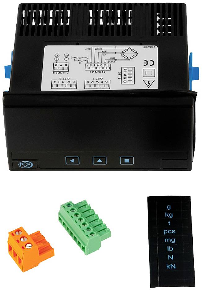 Czarny elektroniczny przyrząd z klawiszami i diagramem. Dwie zaciski przyłączeniowe oraz skala w różnych jednostkach.