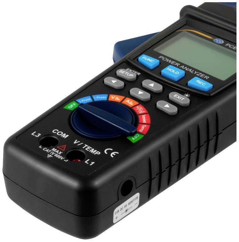 Cyfrowy analizator parametrów elektrycznych z wyświetlaczem i wielokolorowymi przyciskami do pomiaru parametrów elektrycznych.