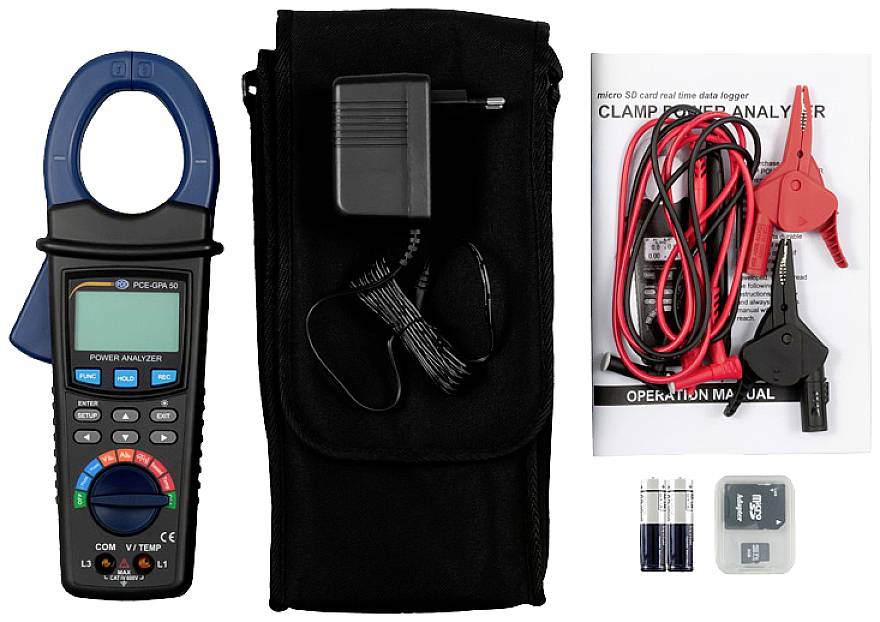 Zestaw multimetru cęgowego z przewodami, instrukcją, zasilaczem i bateriami. Do pomiaru parametrów elektrycznych i rejestracji danych.
