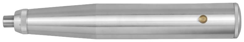 Srebrny cylinder metalowy, ułożony poziomo, o gładkiej powierzchni i małym złotym punkcie po prawej stronie.