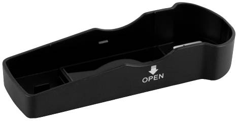 Czarna obudowa akumulatora z napisem 'OPEN', strzałka skierowana w dół, wskazuje sposób otwarcia mocowania.