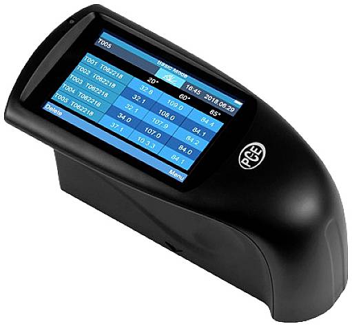 Przenośne urządzenie do pomiaru połysku powierzchni z wyświetlaczem cyfrowym, prezentujące różne wartości pomiarowe i opcje.