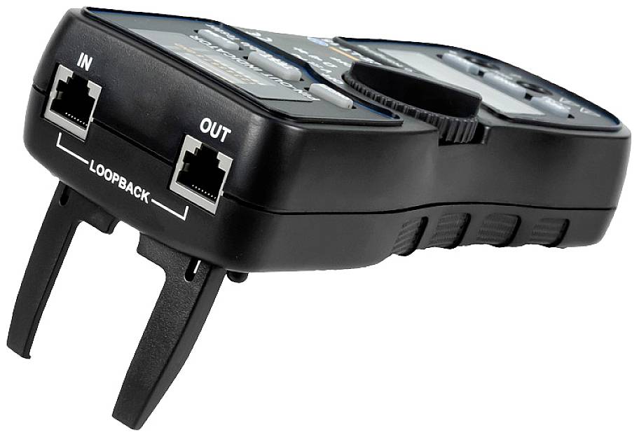 Tester kabli sieciowych z dwoma złączami 'IN' i 'OUT', połączonymi w trybie 'Loopback', widziany z boku.