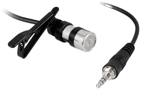 Czarne mikrofon lavalier z klipsem i wtyczką 3,5 mm, odpowiedni dla urządzeń mobilnych i kamer.