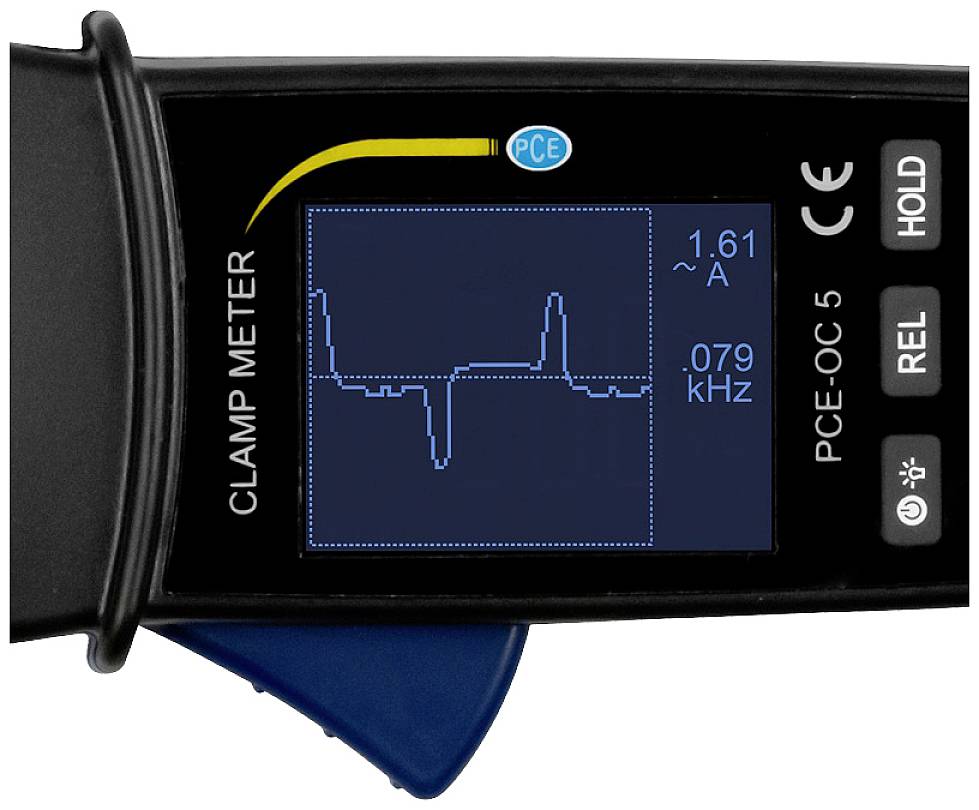 Obraz przedstawia cyfrowy przyrząd pomiarowy z diagramem na wyświetlaczu. Prąd jest wyświetlany w amperach, a częstotliwość w kiloherc.