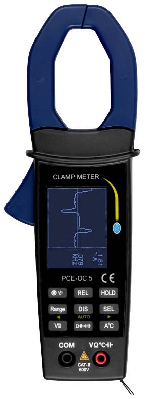 Cyfrowy miernik cęgowy wyświetla kształt fali na wyświetlaczu. Posiada różne przyciski do pomiaru parametrów elektrycznych.