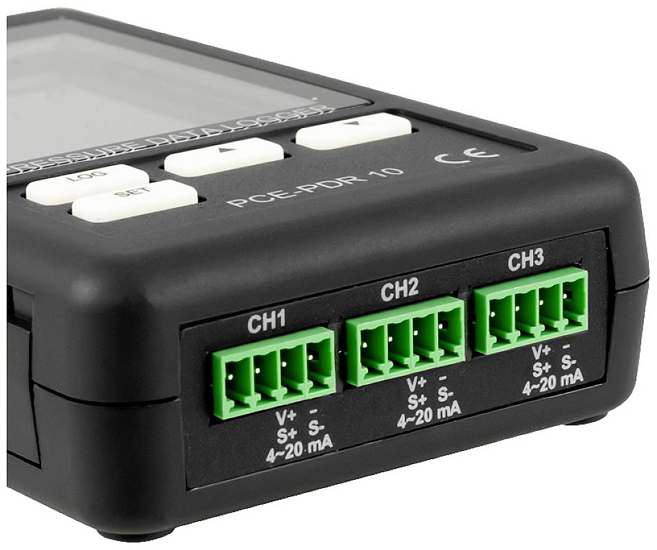 Cyfrowe urządzenie z trzema zielonymi zaciskami przyłączeniowymi, oznaczonymi jako 'CH1', 'CH2', 'CH3'. Każdy zacisk jest przyporządkowany do V+, S+, S-, V- oraz 4-20 mA.
