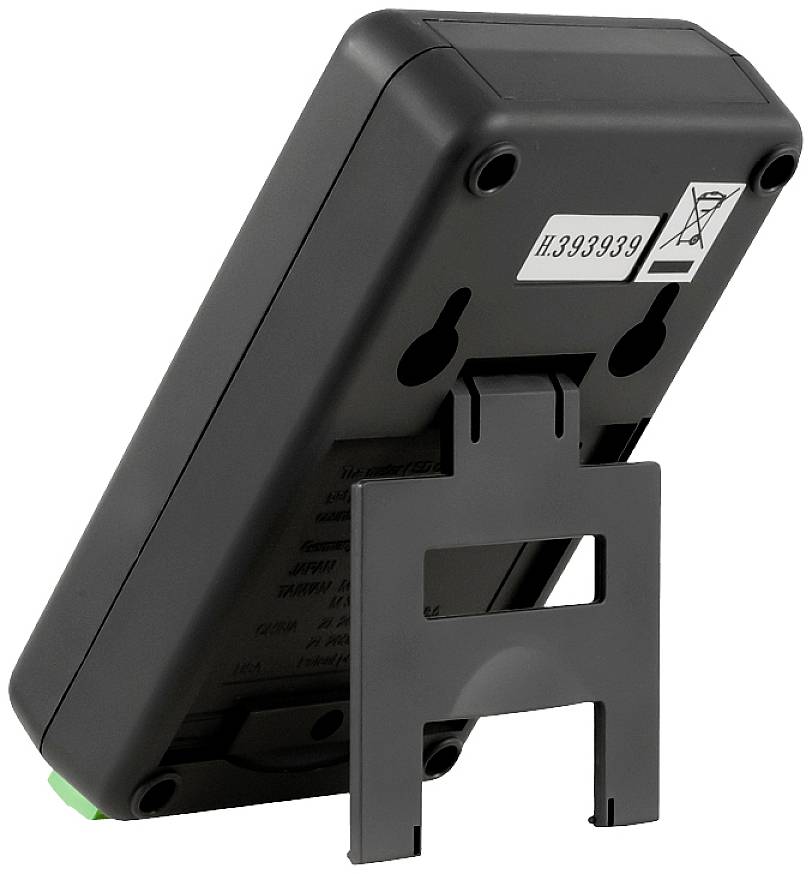 Czarny cyfrowy sprzęt z podstawką, widziany od tyłu. Urządzenie ma zaokrąglone rogi i otwór do montażu ściennego. Nadrukowany numer identyfikacyjny.