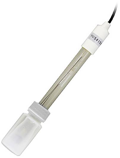 Elektroda szklana o długim, cylindrycznym kształcie, stosowana do pomiaru pH; na końcówce znajduje się mały pojemnik, złącze kablowe umieszczone u góry.