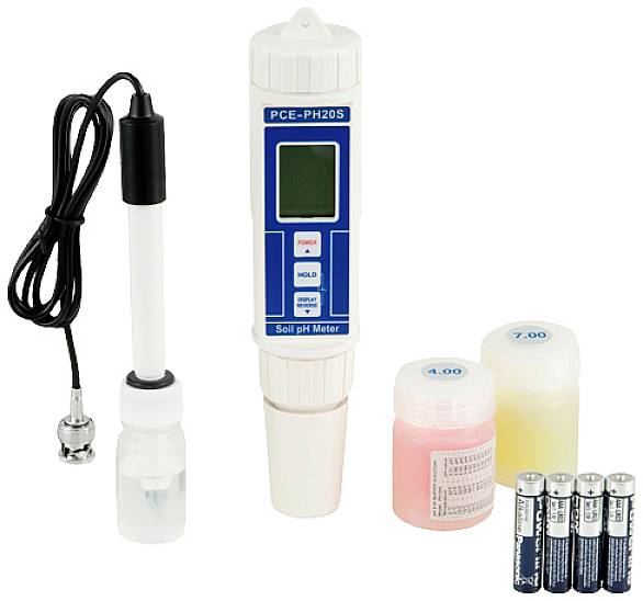 Miernik pH gleby z wyświetlaczem cyfrowym, trzema roztworami kalibracyjnymi (pH 4,0 i 7,0) oraz czterema bateriami.