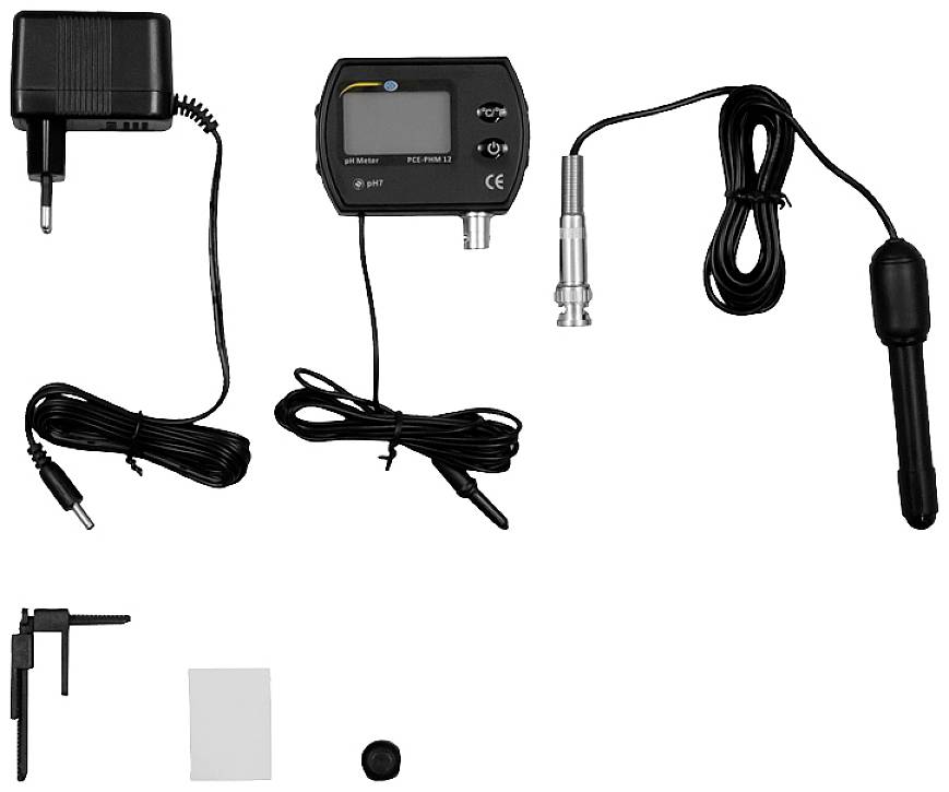 Zasilacz, cyfrowy miernik, dwa czujniki z przewodami i wtyczkami. Elementy wyposażenia dodatkowego do instalacji lub użycia miernika.