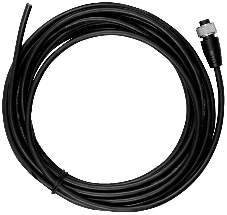 Czarny, długi kabel z wtyczką na jednym końcu i odkrytymi przewodami na drugim końcu, zwinięty i gotowy do użycia.