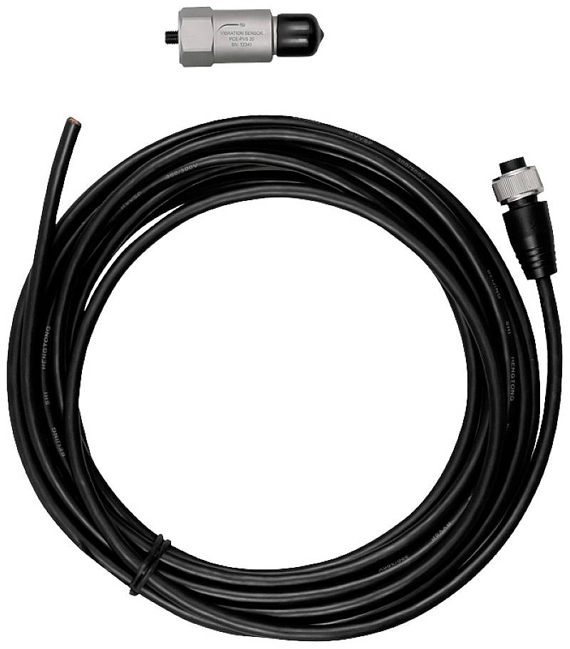 Czarny kabel kończy się wtyczką, obok niego znajduje się srebrny cylindryczny czujnik z czarną końcówką, oba przeznaczone do połączeń elektronicznych.