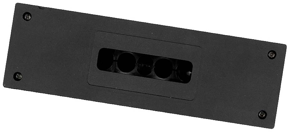 Czarny prostokątny element plastikowy z owalnym otworem umieszczonym centralnie oraz widocznymi śrubami w narożnikach.