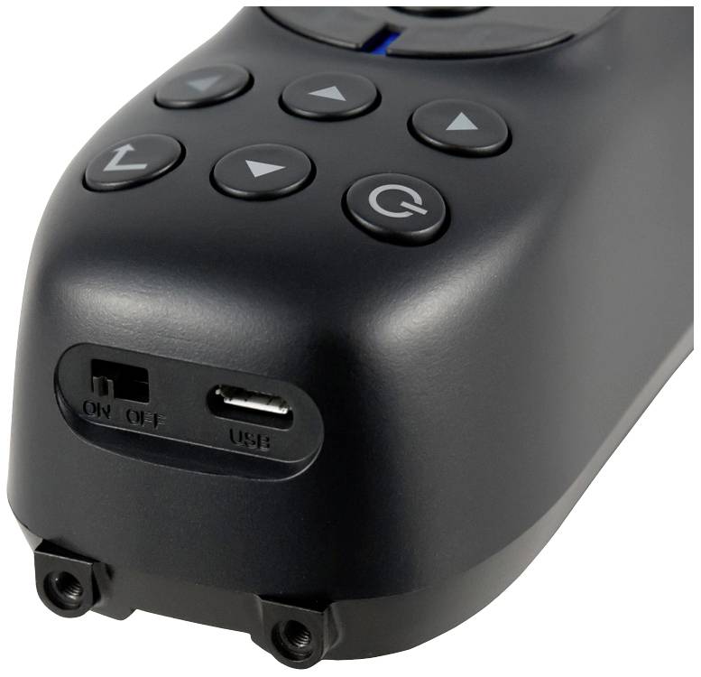 Czarno-szare urządzenie ręczne z przyciskami nawigacyjnymi i złączem USB. Przełącznik włączania/wyłączania znajduje się od spodu.