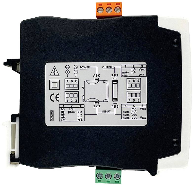 Czarny element elektroniczny z oznaczeniami do regulacji prądu, złączami u góry i na dole oraz znakiem CE.