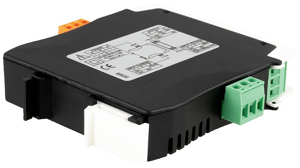 Czarny elektroniczny sprzęt z widocznym schematem elektrycznym na powierzchni oraz wielokolorowymi złączami po bokach.