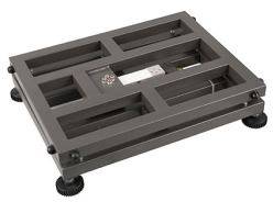 Prostokątna, ciemna metalowa rama na małych kółkach, odpowiednia do łatwego przemieszczania ciężkich przedmiotów.