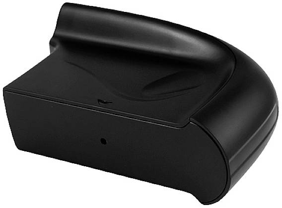 Czarny adapter kątowy, prawdopodobnie do kamer lub urządzeń, służący do zmiany kąta widzenia lub nagrywania.