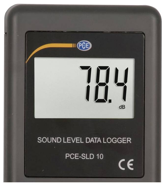 Wyświetlacz rejestratora danych poziomu hałasu pokazuje odczyt 78,4 dB na urządzeniu PCE-SLD 10.