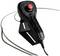 Czarny joystick z czerwonym przyciskiem i kablami, zamontowany na uchwycie.