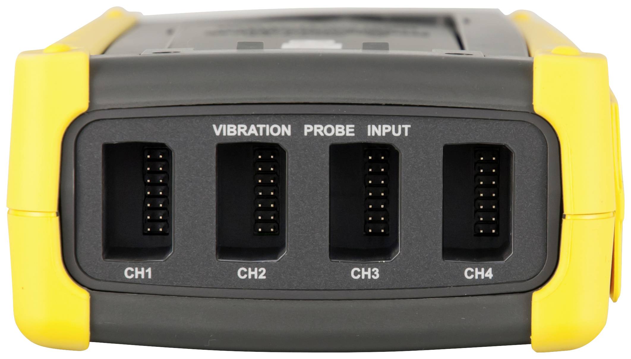 Cztery kanały wejściowe urządzenia analitycznego, oznaczone jako 'CH1', 'CH2', 'CH3', 'CH4'; strefy 'Wibracja', 'Próba', 'Wejście' na górze.