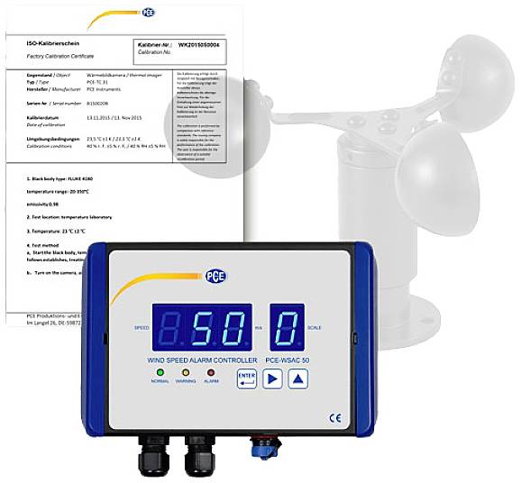 Анемометр PCE Instruments, від 0 до 50 м/с, калібрований (ISO)