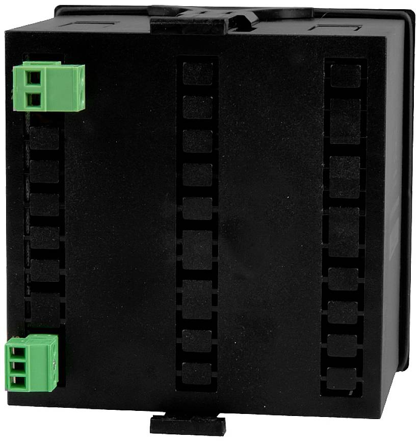 Czarny elektryczny rozdzielacz ze złączami w kolorze zielonym u góry i u dołu, stosowany do dystrybucji połączeń elektrycznych.