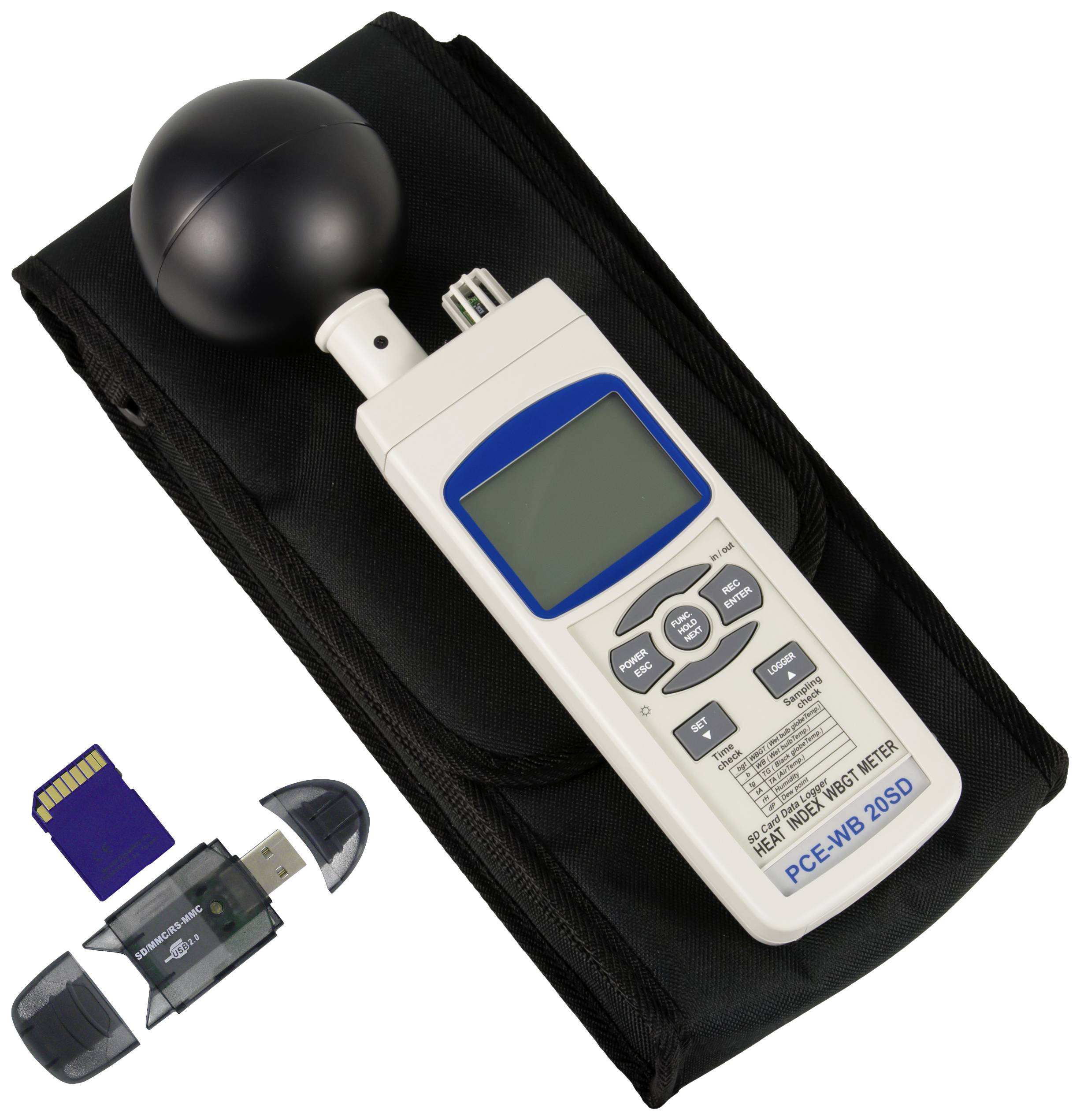 Czarna obudowa z przenośnym urządzeniem pomiarowym do rejestracji danych klimatycznych, obok czytnik kart USB i karta SD.