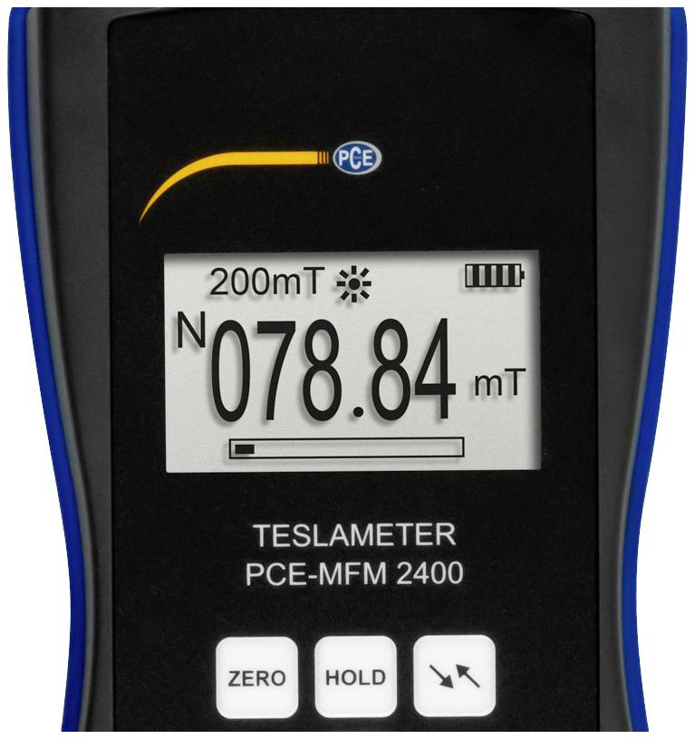 Miernik teslamtera wskazuje '200 mT' jako zakres oraz '078,84 mT' jako aktualny odczyt. Przyciski: Zerowanie, Wstrzymanie, Strzałka.