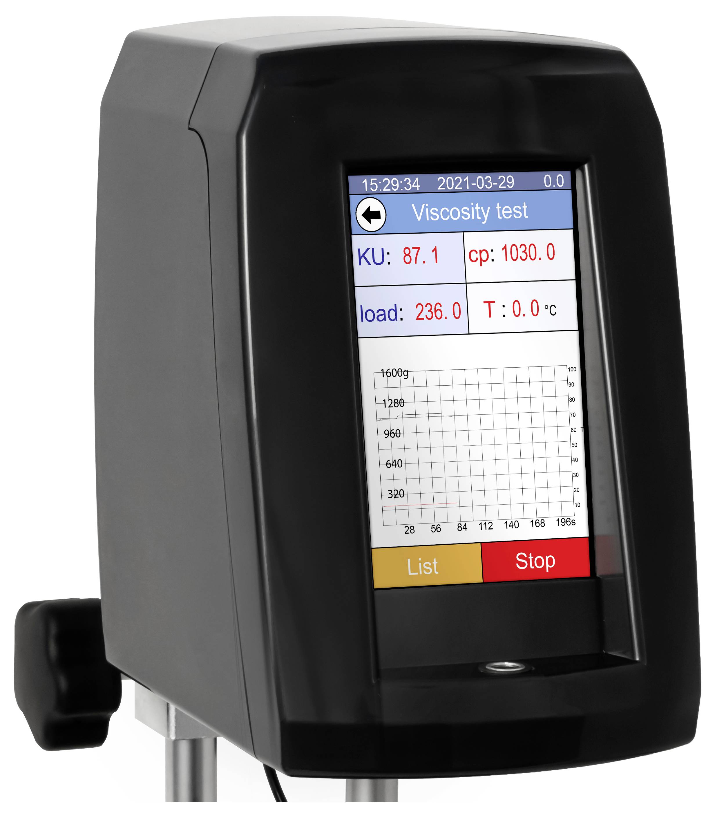 Cyfrowy testery lepkości wyświetlający ekran "Test lepkości" z odczytami KU 87,1, cp 1030,0, obciążenie 236,0 i T 0,0°C.