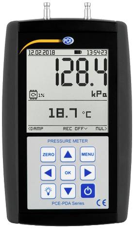Urządzenie pomiarowe ciśnienia wyświetla '128,4 kPa' i '18,7 °C'. Data i godzina w lewym górnym rogu. Klawiatura z funkcjami widoczna na dole.