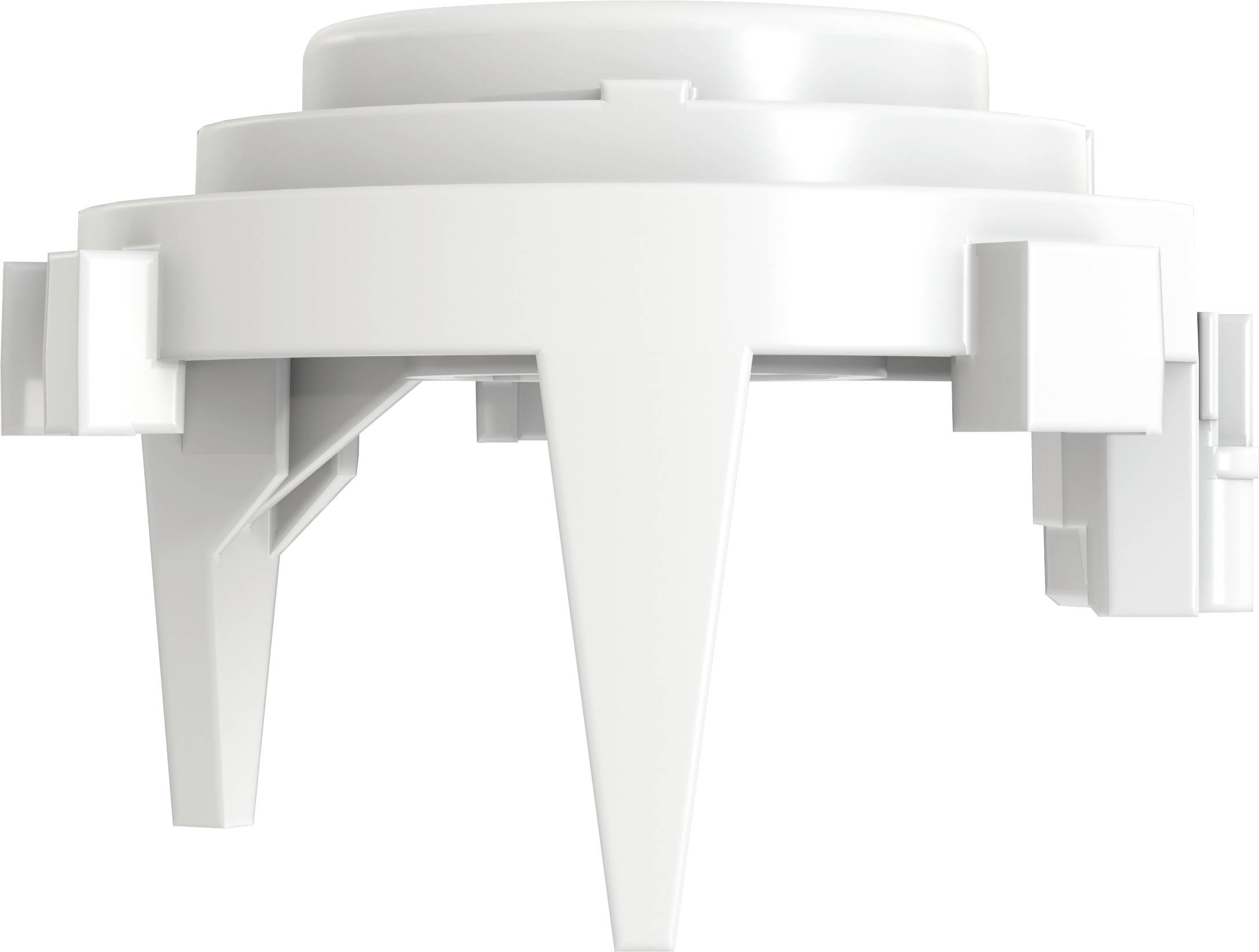 Biała plastikowa część z kilkoma podporowymi nogami i okrągłą górną powierzchnią. Może być elementem technicznym lub adapterem.