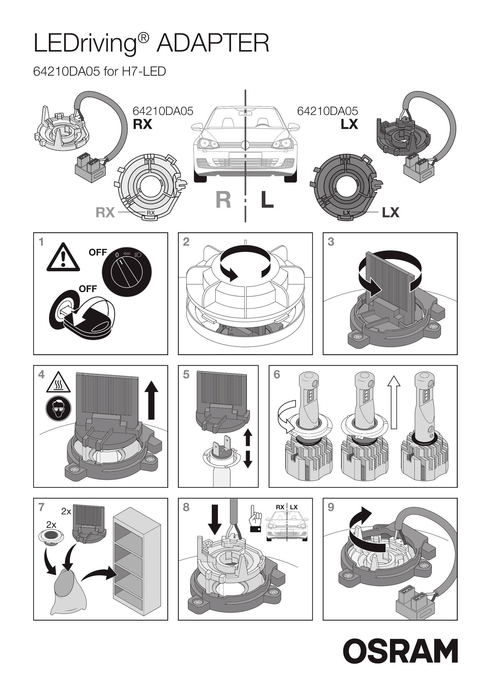 'Instrukcja adaptera świateł samochodowych LED: Kroki montażu adaptera LED do lamp H7. Seria obrazów z 9 kolejnymi etapami.'