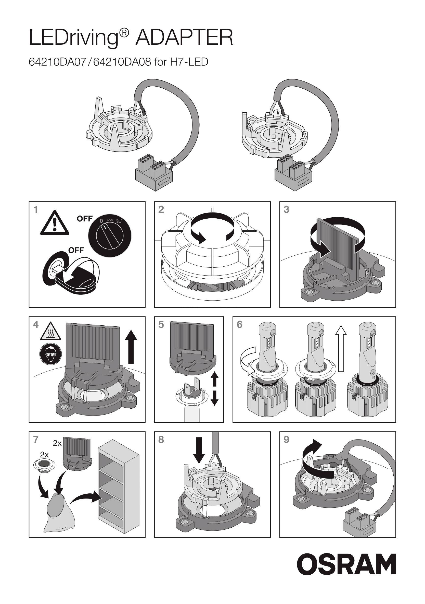 Instrukcja 'LEDriving ADAPTER': Proces instalacji adaptera lamp LED krok po kroku z dziewięcioma ilustrowanymi instrukcjami i opisami symboli.