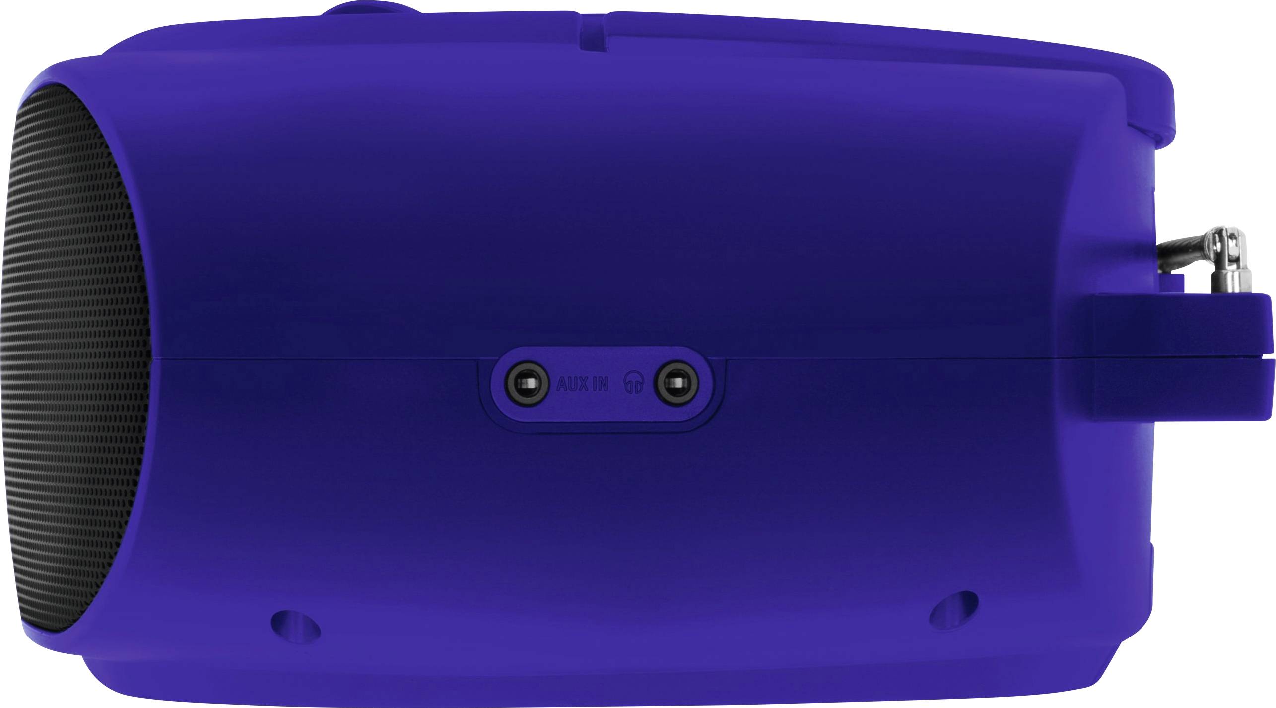 Niebieski, przenośny głośnik z czarną siatką głośnikową. Widok z boku ukazuje komorę przyłączeniową z dwoma wejściami.