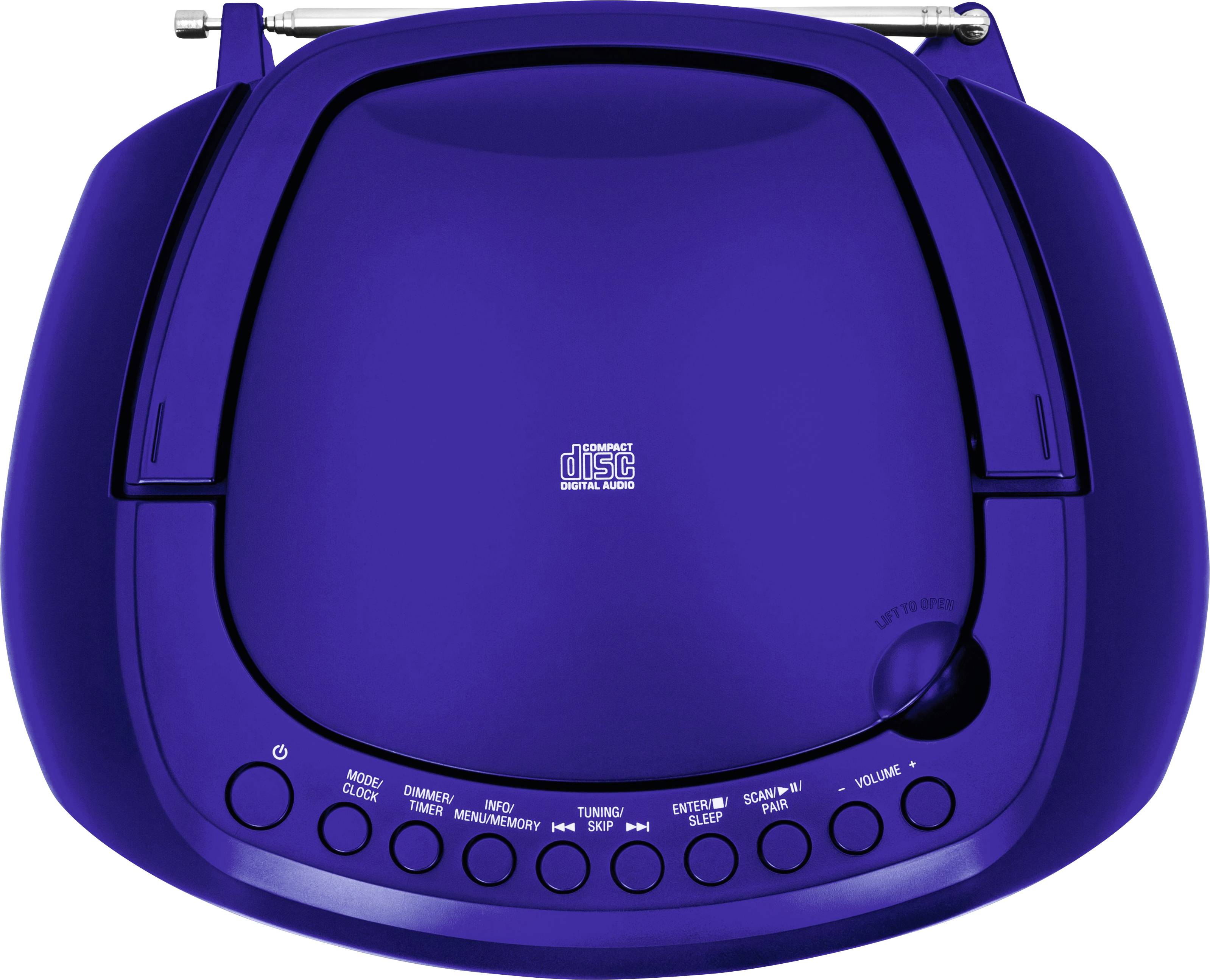 Niebieski przenośny odtwarzacz CD z przyciskami sterującymi z przodu, przeznaczony do odtwarzania płyt CD z dźwiękiem cyfrowym.