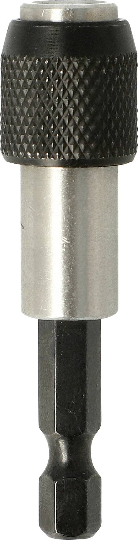 Zbliżenie na adapter spawu wiertła z sześciokątnym trzonem, czarnym nieruchomym uchwytem i srebrnym metalowym korpusem na białym tle.