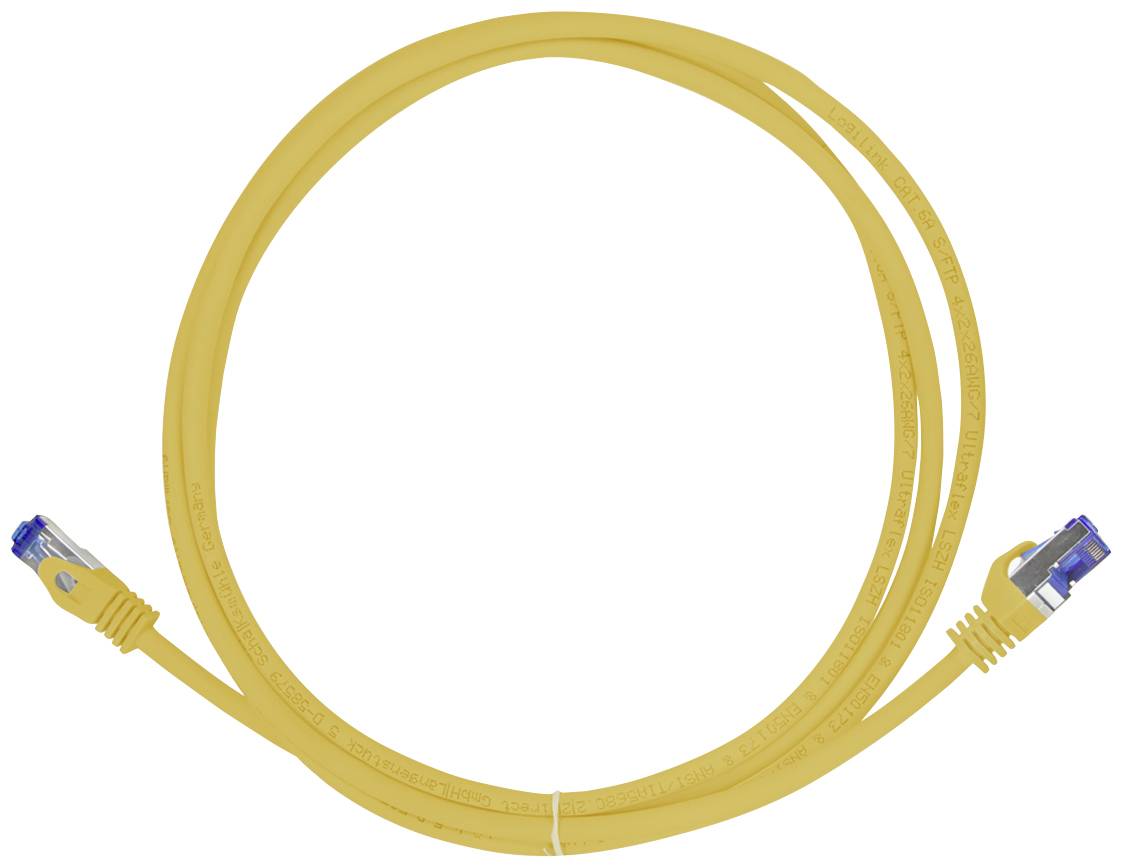 Żółty kabel Ethernet z wtykami RJ45 na obu końcach, zwinięty w kształt koła.