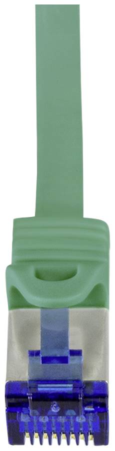 Zielony kabel Ethernet z niebieskim wtykiem RJ45 w zbliżeniu.