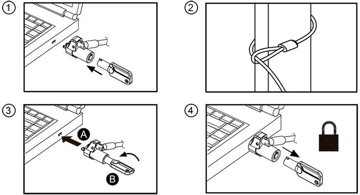 'Ilustracja przedstawia w czterech krokach, jak zabezpieczyć laptopa za pomocą linki zabezpieczającej: 1. Otwórz zamek. 2. Przymocuj kabel. 3. Przymocuj zamek do laptopa. 4. Zamknij zamek.'