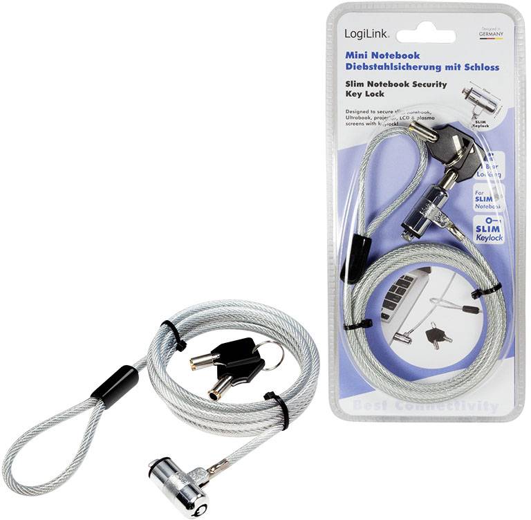 Zabezpieczenie antykradzieżowe do notebooka z zamkiem na szarym kablu, wraz z kluczem. Opakowanie prezentuje produkt i opisuje go jako 'Smukły zamek bezpieczeństwa do notebooka'.