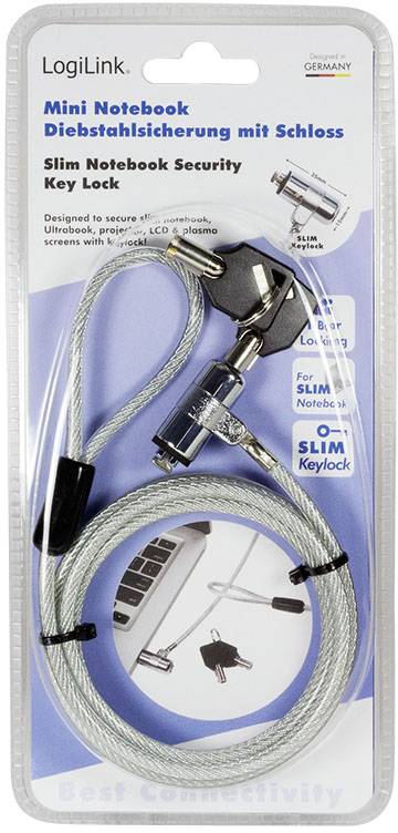 Zabezpieczenie przed kradzieżą LogiLink Mini Notebook z zamkiem. Zamek przeciwkradzieżowy z kluczem i linką do laptopów, w opakowaniu blistrowym.