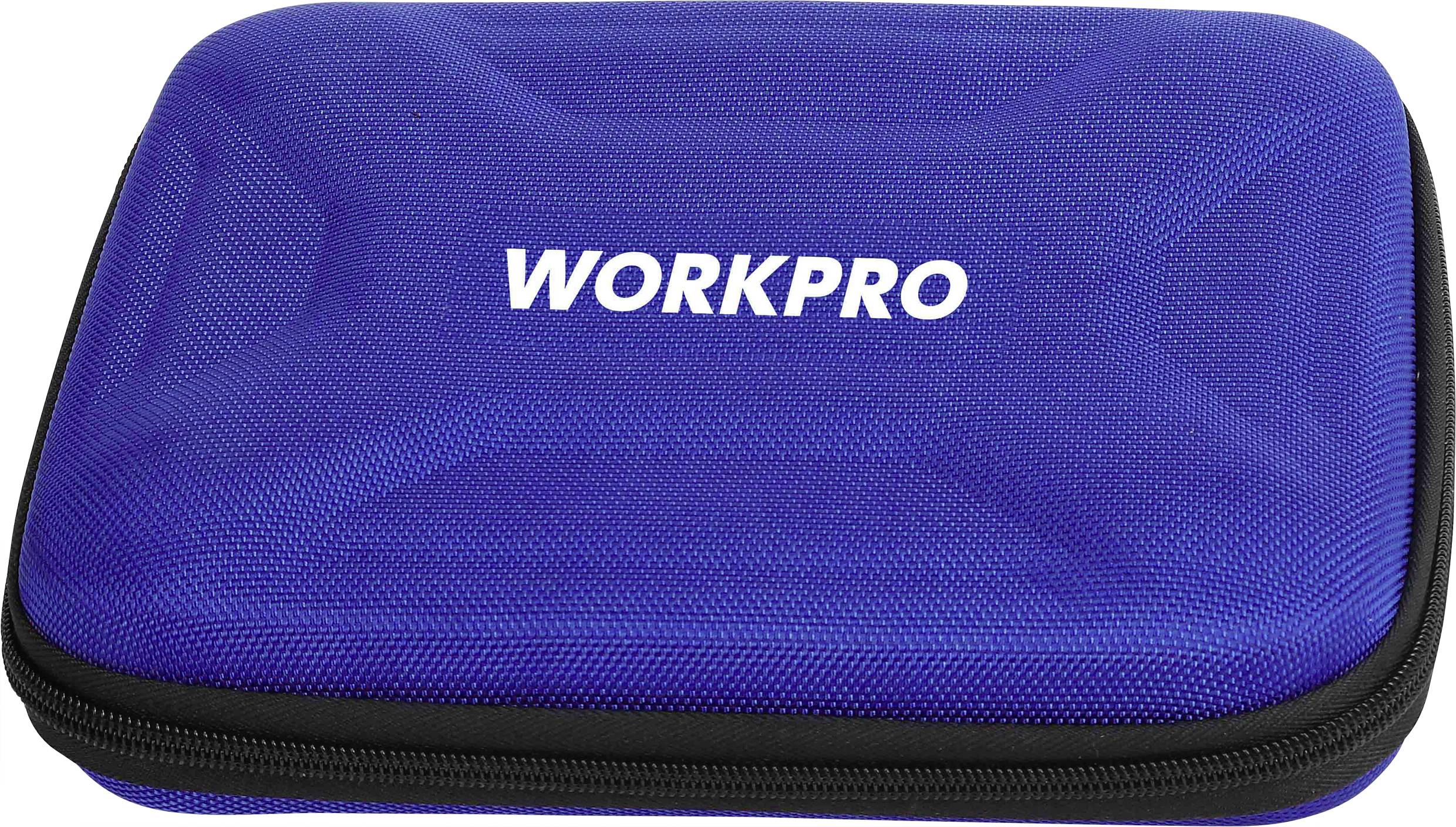 Niebieska torba ochronna z zamkiem błyskawicznym i białym logo 'WORKPRO' na wierzchu.