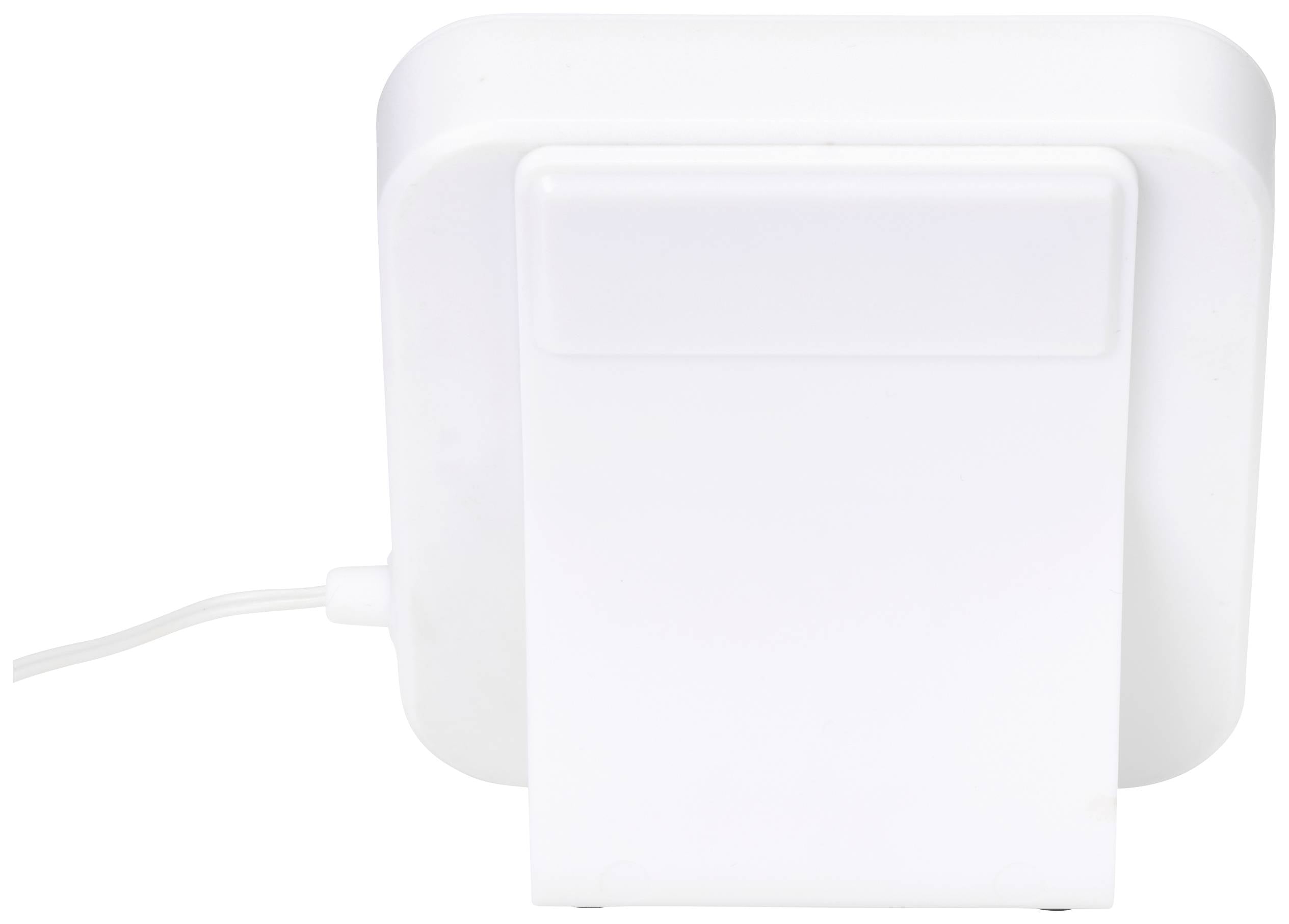 Białe urządzenie kwadratowe o zaokrąglonych rogach z przewodem po lewej stronie. Z tyłu posiada wystający uchwyt.