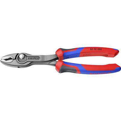 Na ilustracji widać szczypce w kolorze czerwonym i niebieskim z szarymi szczękami, na których widnieje napis 'Knipex'.