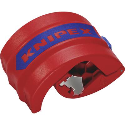 Obcinacz kabli w żywym czerwonym kolorze z niebieskim logo 'Knipex', przeznaczony do precyzyjnego cięcia i zdejmowania izolacji z przewodów.