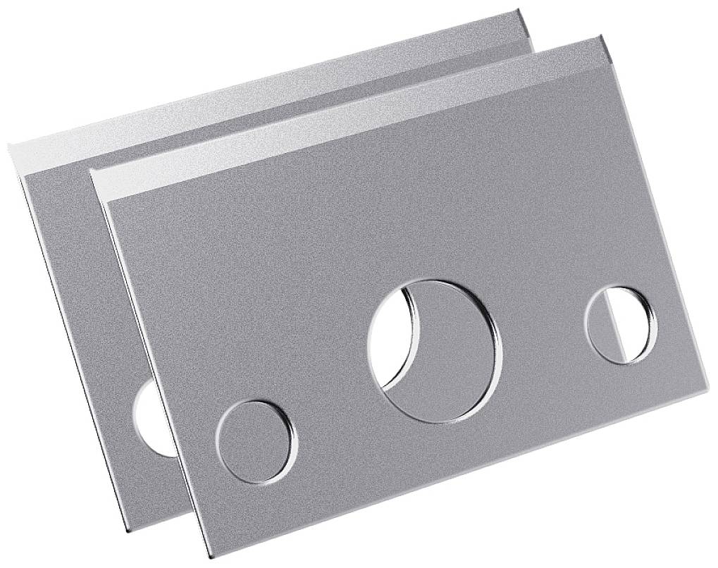 Dwie srebrne ostrza do golenia z okrągłymi otworami o różnych rozmiarach.