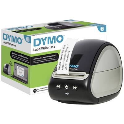 Drukarka etykiet Dymo LabelWriter 550 przed opakowaniem z napisem „Automatyczne rozpoznawanie etykiet". Urządzenie drukuje etykietę adresową.