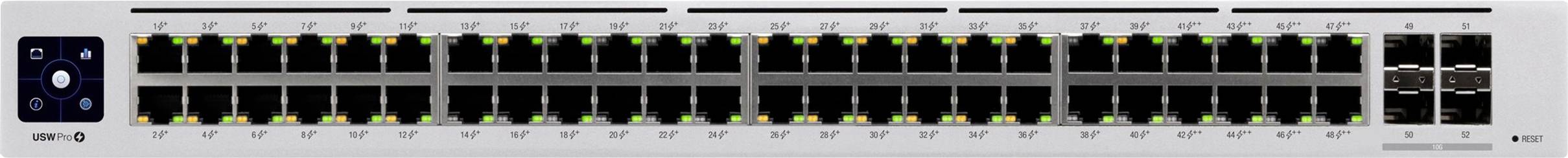Przełącznik Ethernet z 48 portami w dwóch rzędach. Po lewej stronie znajduje się panel sterowania. Wszystkie porty posiadają wskaźniki LED.